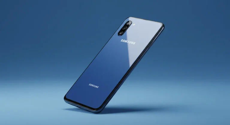 Fx Samsung budget phone photographed from a low angle against a gradient blue background 2