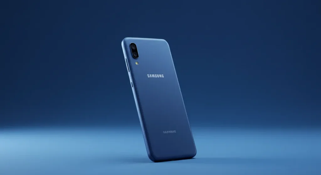 Fx Samsung budget phone photographed from a low angle against a gradient blue background 3