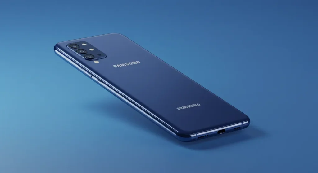 Fx Samsung budget phone photographed from a low angle against a gradient blue background 4
