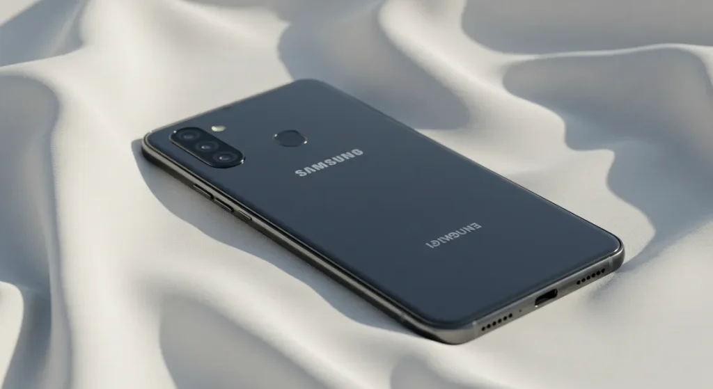 Fx Samsung budget phone positioned on a white cloth with gentle fabric textures visible 4