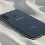 Fx Samsung budget phone positioned on a white cloth with gentle fabric textures visible 4