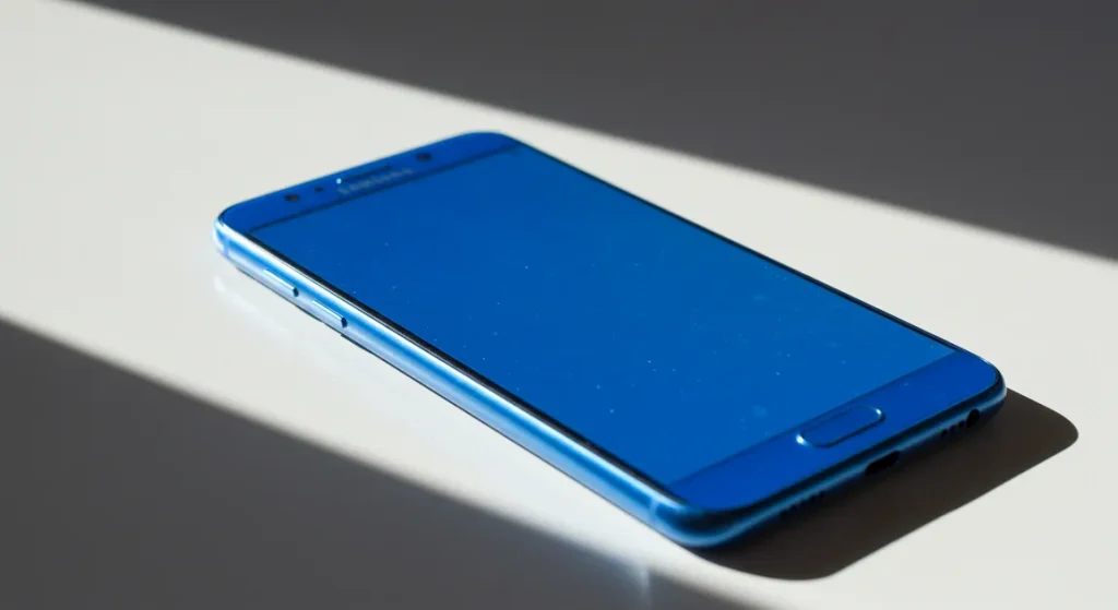 Fx Samsung budget smartphone lying on a clean white surface with soft natural lighting from the side 1