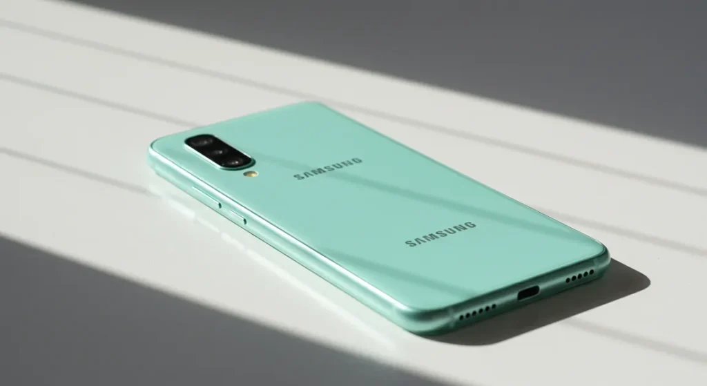 Fx Samsung budget smartphone lying on a clean white surface with soft natural lighting from the side 3