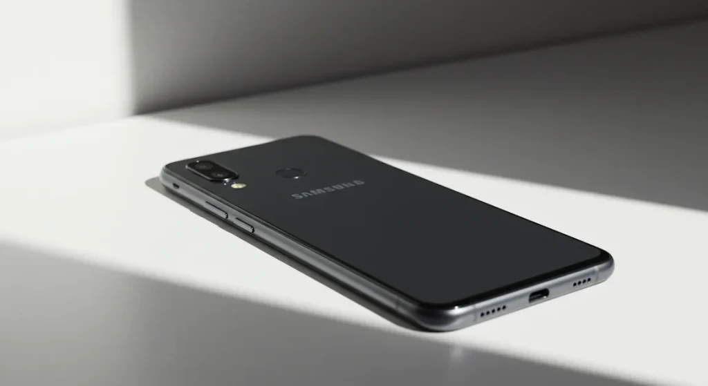 Fx Samsung budget smartphone lying on a clean white surface with soft natural lighting from the side 4