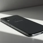 Fx Samsung budget smartphone lying on a clean white surface with soft natural lighting from the side 4