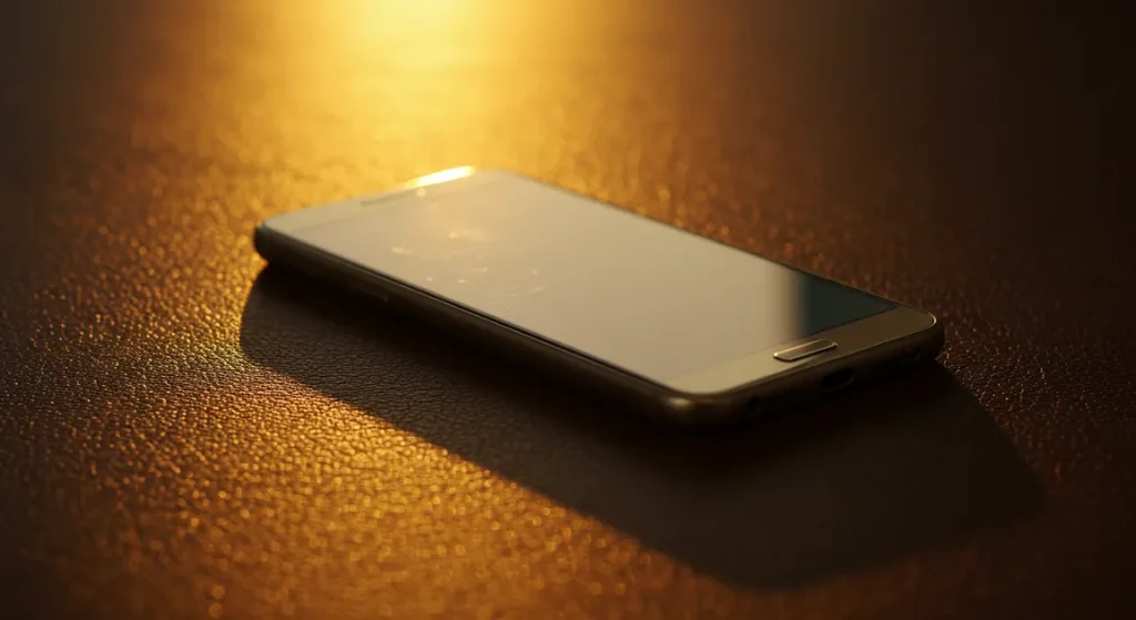 Fx Samsung budget smartphone resting on a leather surface with warm golden hour lighting 1
