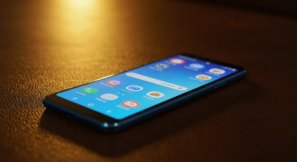 Fx Samsung budget smartphone resting on a leather surface with warm golden hour lighting 4