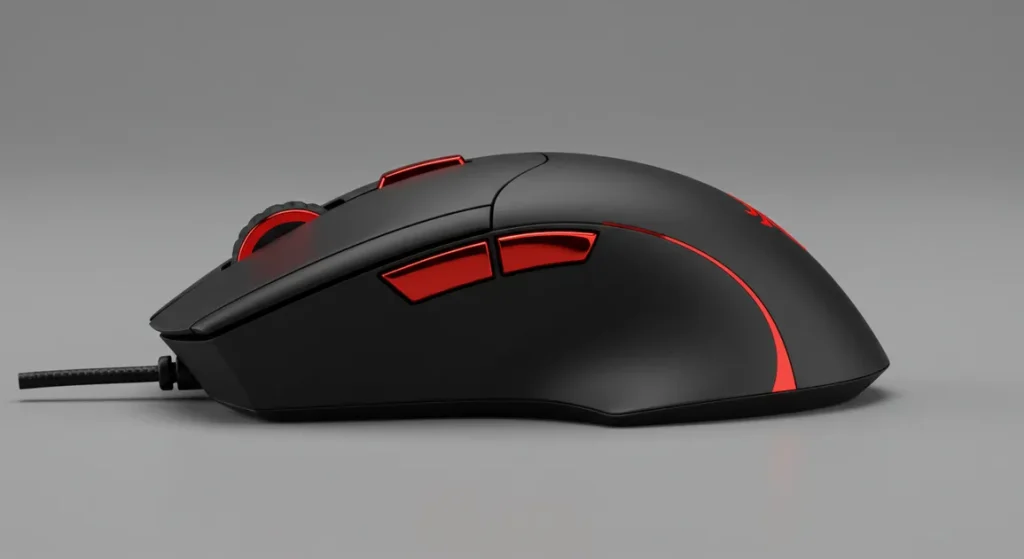 Fx Side profile photograph of a Redragon Cobra Pro gaming mouse highlighting the curved ergonomic shape and side button placement professional product photography 1