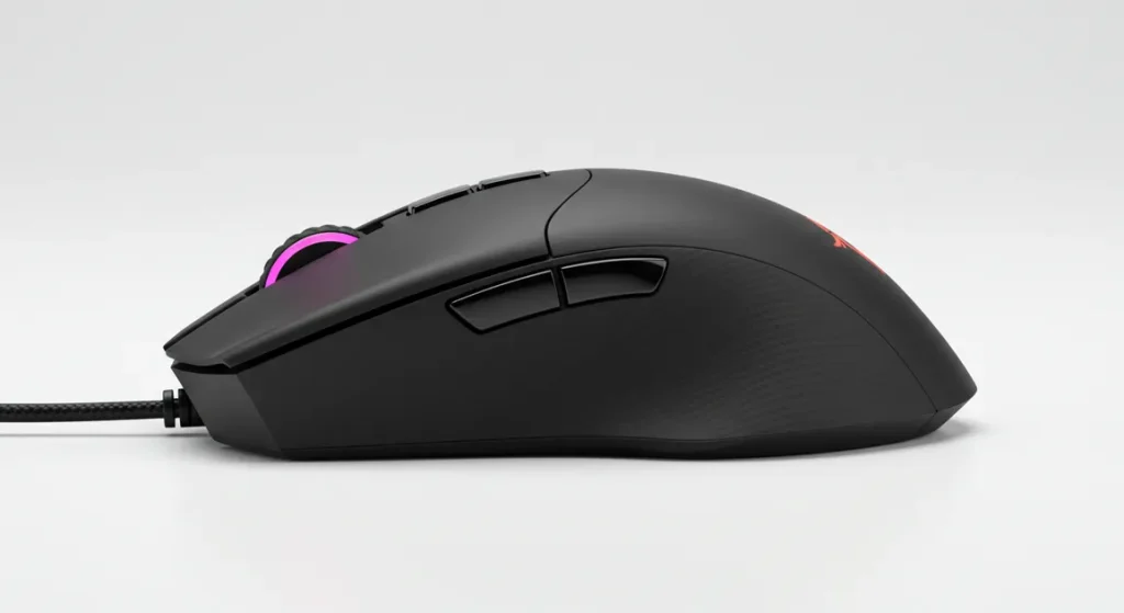 Fx Side profile photograph of a Redragon Cobra Pro gaming mouse highlighting the curved ergonomic shape and side button placement professional product photography 2