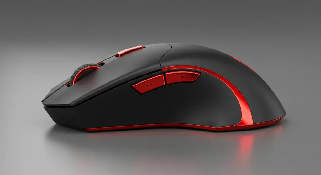 Fx Side profile photograph of a Redragon Cobra Pro gaming mouse highlighting the curved ergonomic shape and side button placement professional product photography 3
