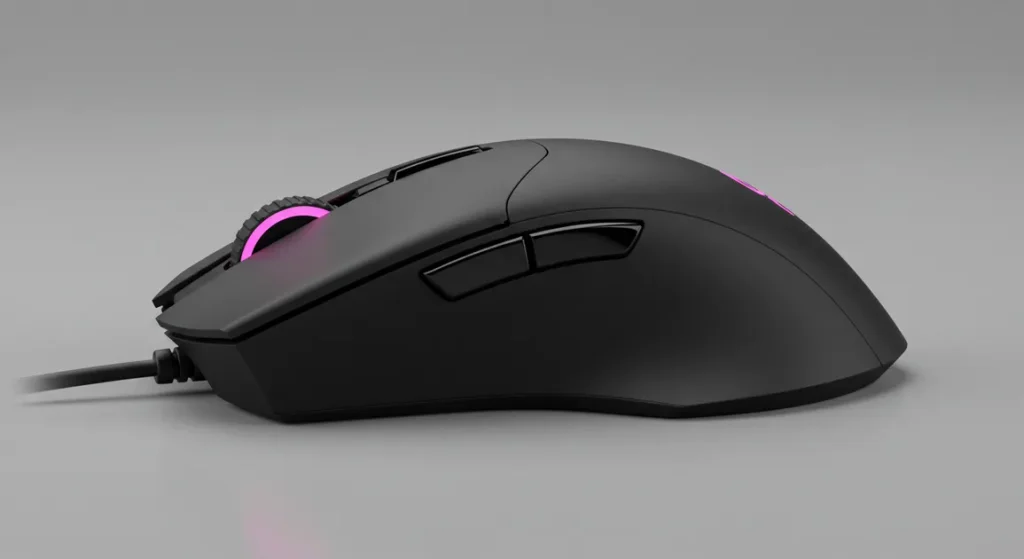 Fx Side profile photograph of a Redragon Cobra Pro gaming mouse highlighting the curved ergonomic shape and side button placement professional product photography 4