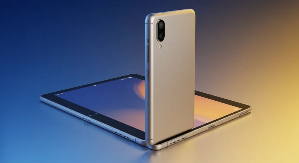 Fx Side profile shot of a Xiaomi Mi Pad showing its slim bezels and premium metallic finish against a gradient background 2