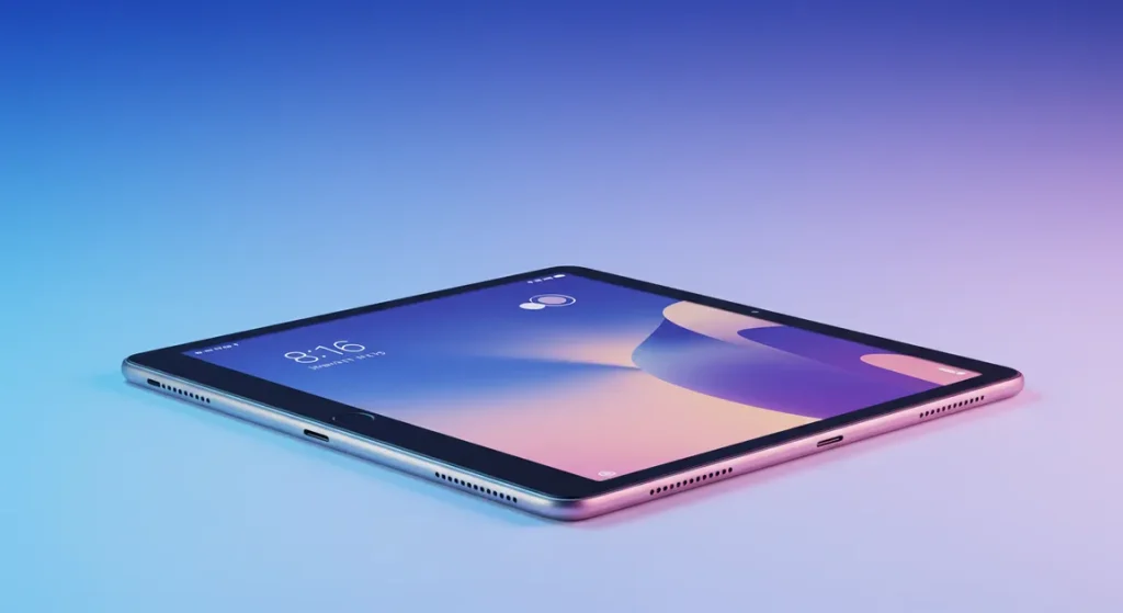 Fx Side profile shot of a Xiaomi Mi Pad showing its slim bezels and premium metallic finish against a gradient background 3