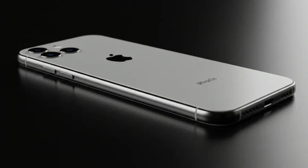 Fx Side view of iPhone 16e showing sleek profile and button details positioned on reflective black surface professional studio lighting commercial photography style 1