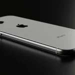 Fx Side view of iPhone 16e showing sleek profile and button details positioned on reflective black surface professional studio lighting commercial photography style 1