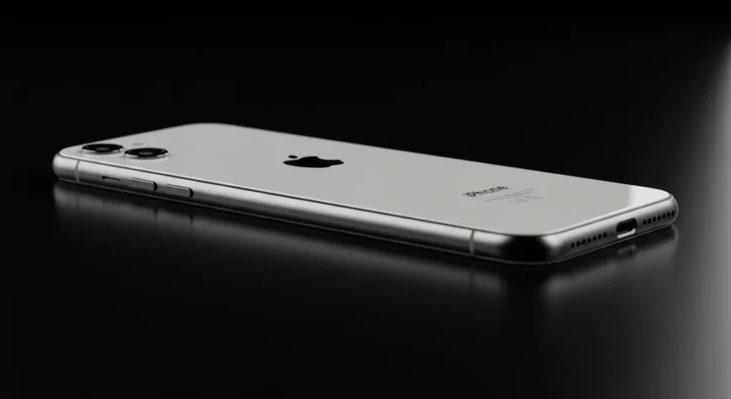 Fx Side view of iPhone 16e showing sleek profile and button details positioned on reflective black surface professional studio lighting commercial photography style 2
