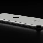 Fx Side view of iPhone 16e showing sleek profile and button details positioned on reflective black surface professional studio lighting commercial photography style 2