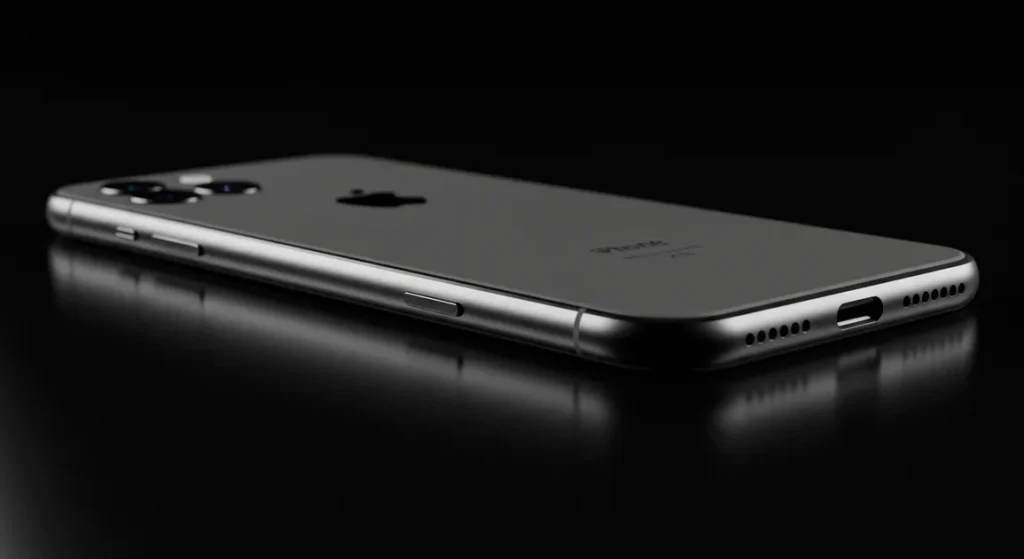 Fx Side view of iPhone 16e showing sleek profile and button details positioned on reflective black surface professional studio lighting commercial photography style 3