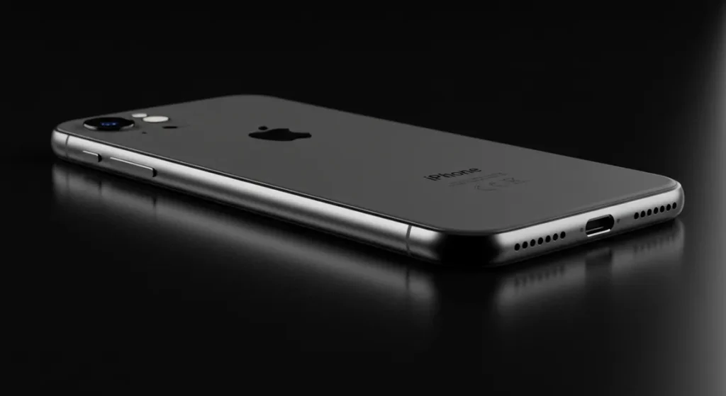 Fx Side view of iPhone 16e showing sleek profile and button details positioned on reflective black surface professional studio lighting commercial photography style 4