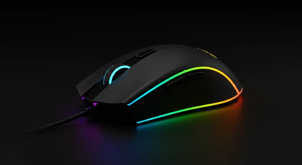 Fx Studio photograph of a Redragon Cobra Pro gaming mouse with rainbow RGB lighting effects rotating through color spectrum premium product shot 1