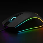 Fx Studio photograph of a Redragon Cobra Pro gaming mouse with rainbow RGB lighting effects rotating through color spectrum premium product shot 1