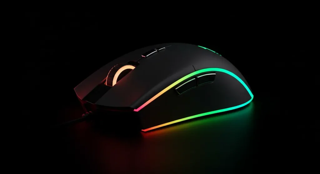 Fx Studio photograph of a Redragon Cobra Pro gaming mouse with rainbow RGB lighting effects rotating through color spectrum premium product shot 2