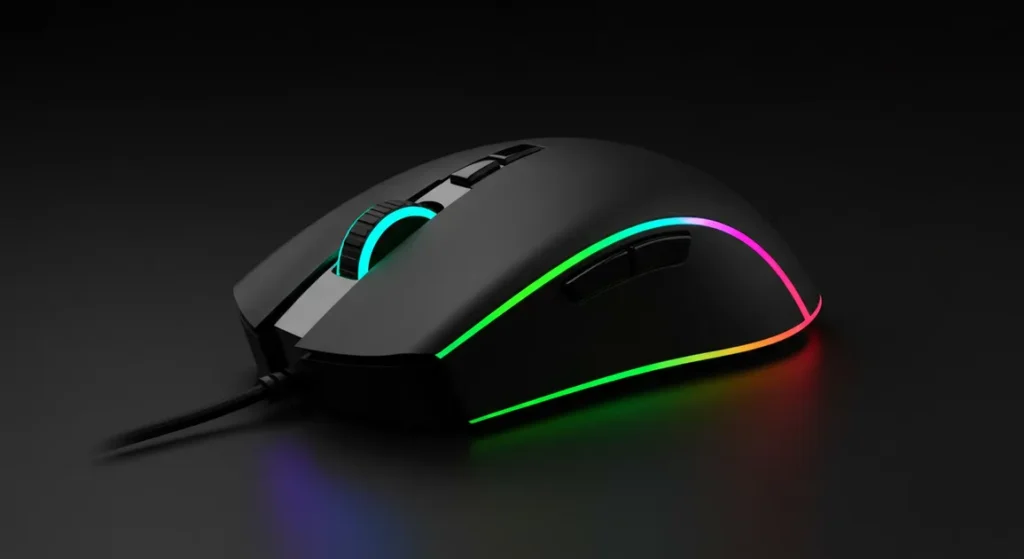 Fx Studio photograph of a Redragon Cobra Pro gaming mouse with rainbow RGB lighting effects rotating through color spectrum premium product shot 3