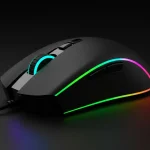 Fx Studio photograph of a Redragon Cobra Pro gaming mouse with rainbow RGB lighting effects rotating through color spectrum premium product shot 3