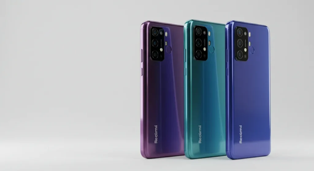 Fx Three Xiaomi Redmi Note 13 Pro Plus 5G phones in black purple and blue colors standing upright in a row clean studio setup 2