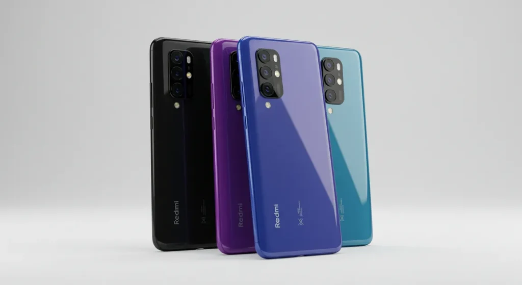 Fx Three Xiaomi Redmi Note 13 Pro Plus 5G phones in black purple and blue colors standing upright in a row clean studio setup 3