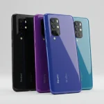Fx Three Xiaomi Redmi Note 13 Pro Plus 5G phones in black purple and blue colors standing upright in a row clean studio setup 3