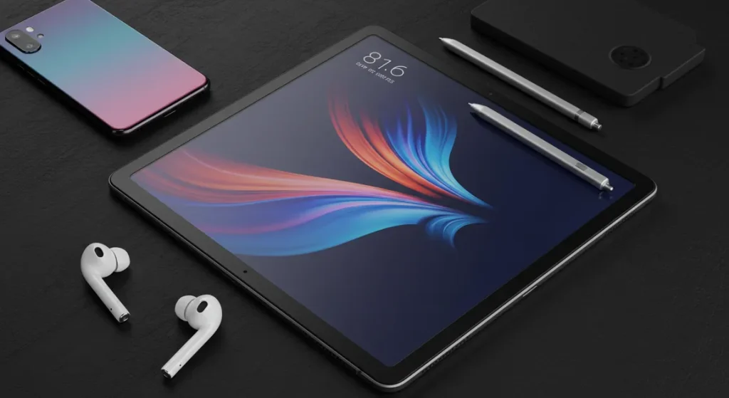 Fx Top down view of a Xiaomi Mi Pad surrounded by modern tech accessories like wireless earbuds stylus and smartphone on a dark surface 1