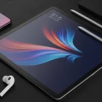 Fx Top down view of a Xiaomi Mi Pad surrounded by modern tech accessories like wireless earbuds stylus and smartphone on a dark surface 1