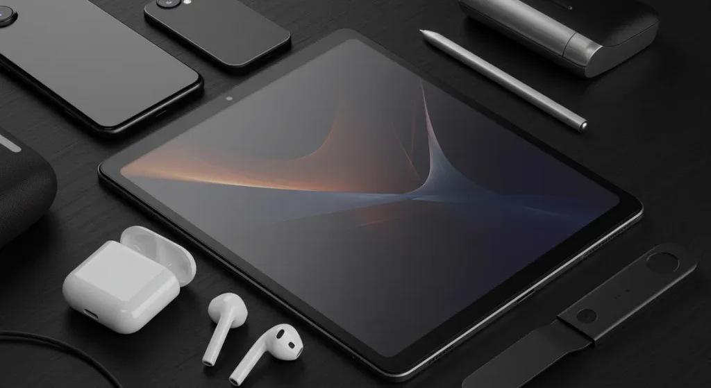 Fx Top down view of a Xiaomi Mi Pad surrounded by modern tech accessories like wireless earbuds stylus and smartphone on a dark surface 2