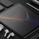 Fx Top down view of a Xiaomi Mi Pad surrounded by modern tech accessories like wireless earbuds stylus and smartphone on a dark surface 2