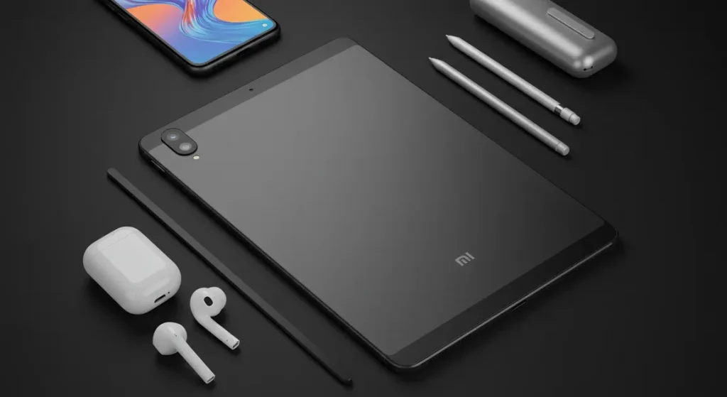 Fx Top down view of a Xiaomi Mi Pad surrounded by modern tech accessories like wireless earbuds stylus and smartphone on a dark surface 3