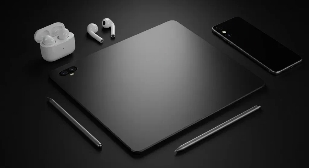 Xiaomi Mi Pad Pro desempenho em conectividade Wi-Fi 1 Fx Top down view of a Xiaomi Mi Pad surrounded by modern tech accessories like wireless earbuds stylus and smartphone on a dark surface 4