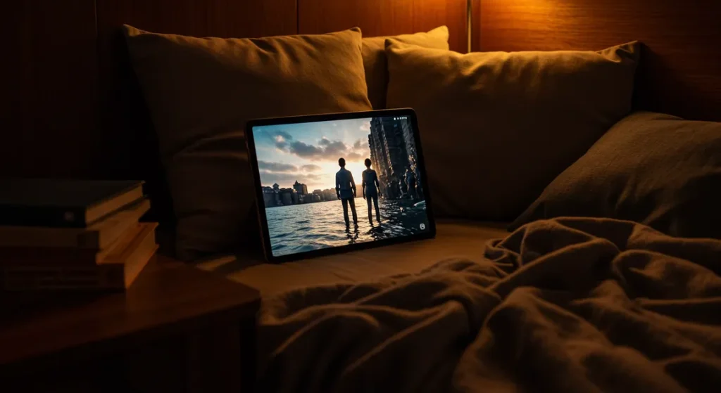 Fx Xiaomi Mi Pad displaying entertainment content while positioned in a cozy reading nook with warm ambient lighting 1