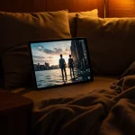 Fx Xiaomi Mi Pad displaying entertainment content while positioned in a cozy reading nook with warm ambient lighting 1