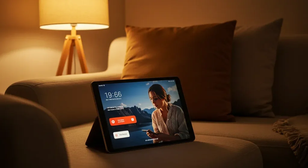 Fx Xiaomi Mi Pad displaying entertainment content while positioned in a cozy reading nook with warm ambient lighting 2