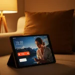 Fx Xiaomi Mi Pad displaying entertainment content while positioned in a cozy reading nook with warm ambient lighting 2