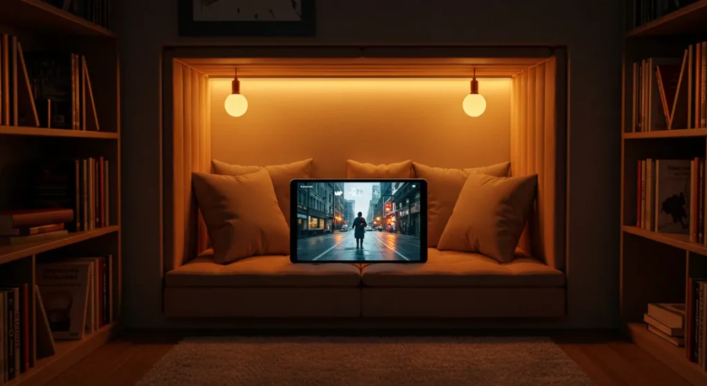 Fx Xiaomi Mi Pad displaying entertainment content while positioned in a cozy reading nook with warm ambient lighting 3