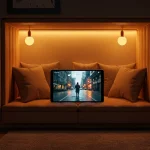 Fx Xiaomi Mi Pad displaying entertainment content while positioned in a cozy reading nook with warm ambient lighting 3