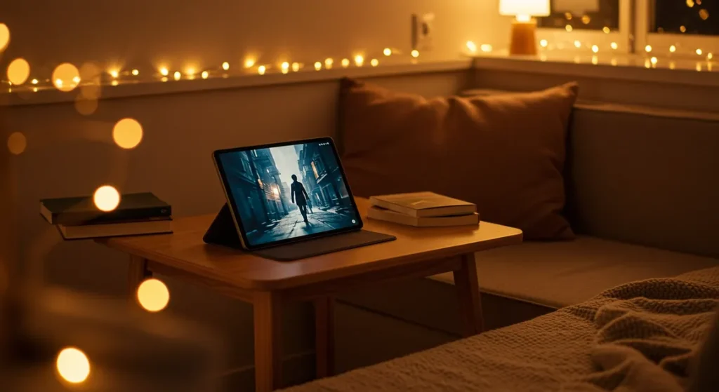 Fx Xiaomi Mi Pad displaying entertainment content while positioned in a cozy reading nook with warm ambient lighting 4