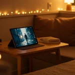 Fx Xiaomi Mi Pad displaying entertainment content while positioned in a cozy reading nook with warm ambient lighting 4