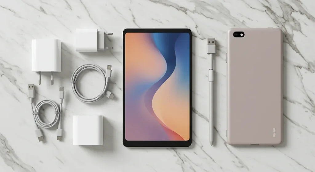 Fx Xiaomi Mi Pad in an elegant tech flat lay arrangement with premium cables adapters and accessories on marble background 1