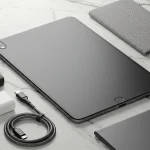Fx Xiaomi Mi Pad in an elegant tech flat lay arrangement with premium cables adapters and accessories on marble background 2