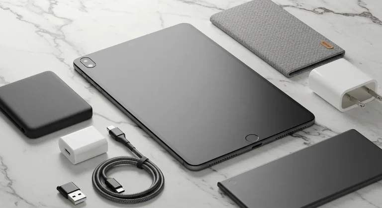 Fx Xiaomi Mi Pad in an elegant tech flat lay arrangement with premium cables adapters and accessories on marble background 2