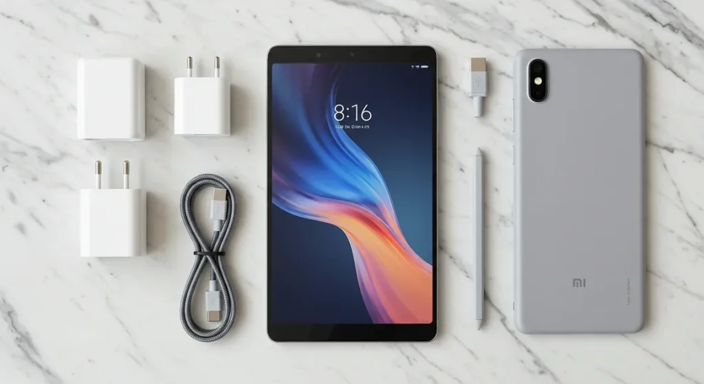 Fx Xiaomi Mi Pad in an elegant tech flat lay arrangement with premium cables adapters and accessories on marble background 3