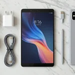 Fx Xiaomi Mi Pad in an elegant tech flat lay arrangement with premium cables adapters and accessories on marble background 3